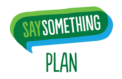 Say something logo in dark green chat bubble with a white background. 